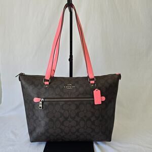 Coach Gallery Tote Signature Dark Brown Canvas & Pink Leather Handles & Accents